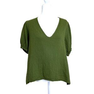 STARK X Womens Top Gauze V-Neck Puff Sleeve Cotton USA Size L